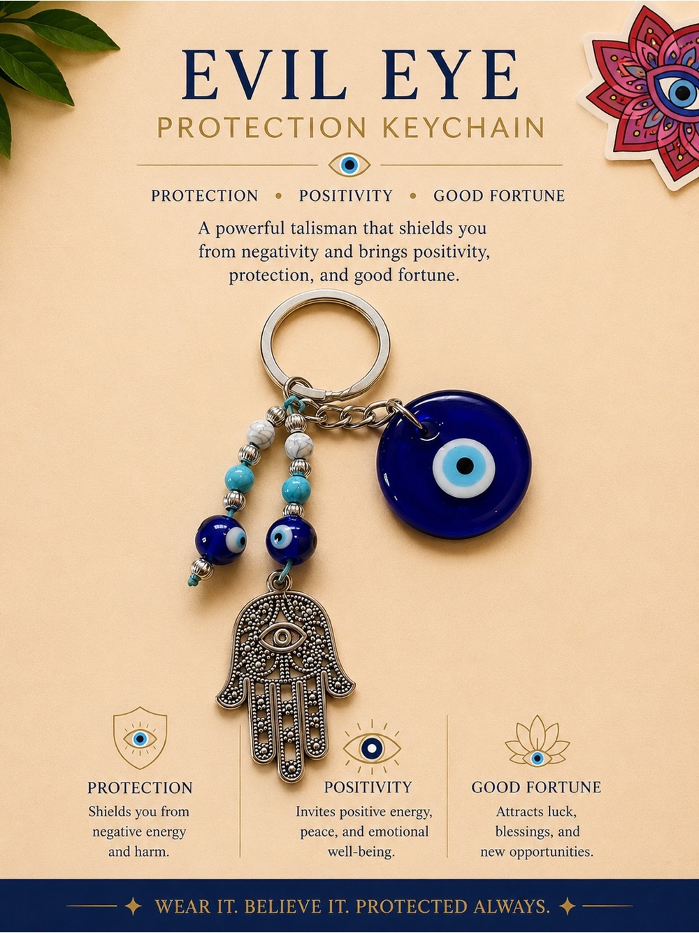 Evil Eye Hamsa Protection Keychain with Beads